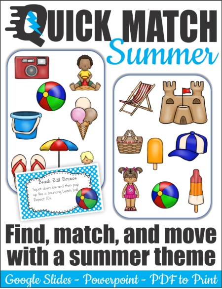 Quick Match Summer is a super fun, visual perceptual, physically active, card game.  Be the first player to spot the ONE matching summer activity or object on each set of two cards.